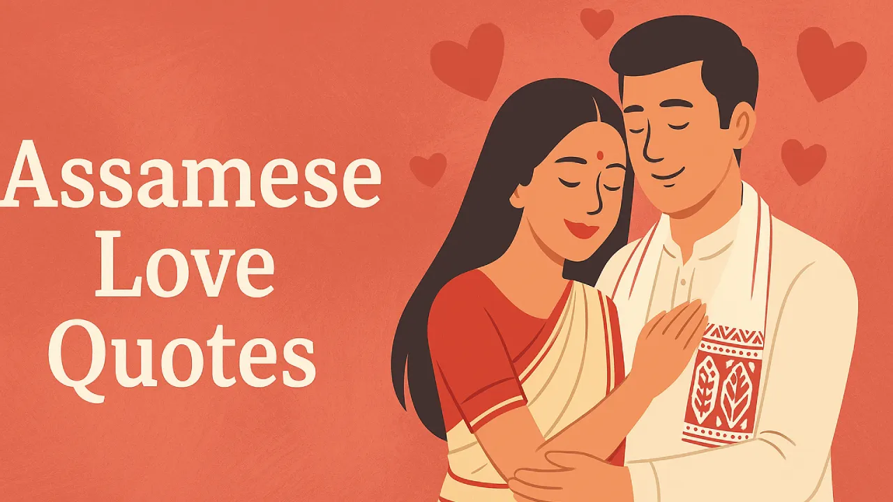 Heart Touching Assamese Love Quotes With English Translation 1 A flat digital illustration features the title Assamese Love Quotes in bold white text on a coral-red background with scattered heart shapes. On the right side, a traditional Assamese couple lovingly embraces, wearing cultural attire— the woman in a cream and red mekhela chador and the man in a white kurta with a red gamocha.